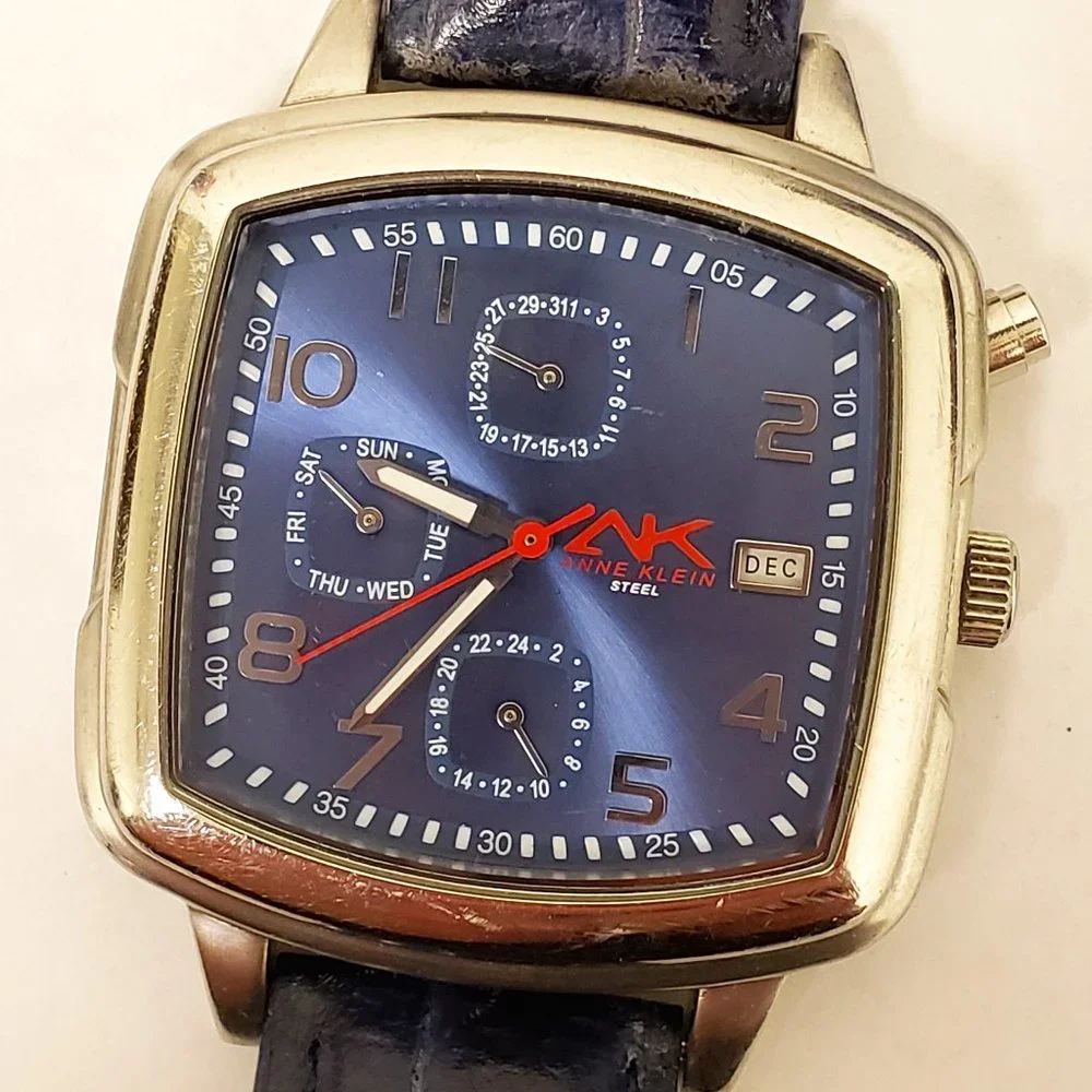 Anne Klein AK Navy Blue Day Date DOW 24-HR Red White Blue Square Face Watch